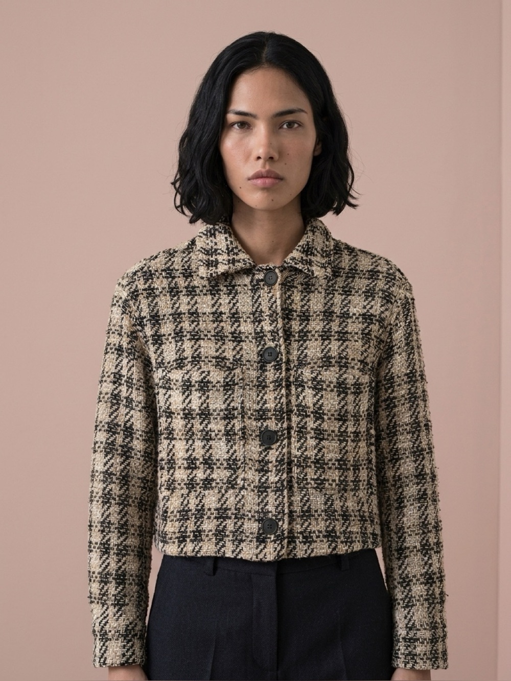 Zara Black & Cream Cropped Tweed Blazer